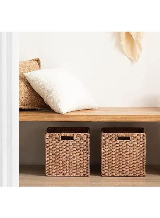 سلة خوص من قطعتين، 28 سم × 26 سم × 28 سم، سلال تخزين من حبل ورقي منسوج للأرفف، صندوق تخزين مكعب قابل للطي مع مقبض، سلة تخزين للتنظيم والديكور، لون الكراميل - Image 4