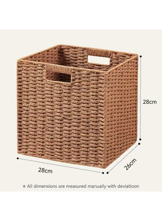 سلة خوص من قطعتين، 28 سم × 26 سم × 28 سم، سلال تخزين من حبل ورقي منسوج للأرفف، صندوق تخزين مكعب قابل للطي مع مقبض، سلة تخزين للتنظيم والديكور، لون الكراميل - Image 5