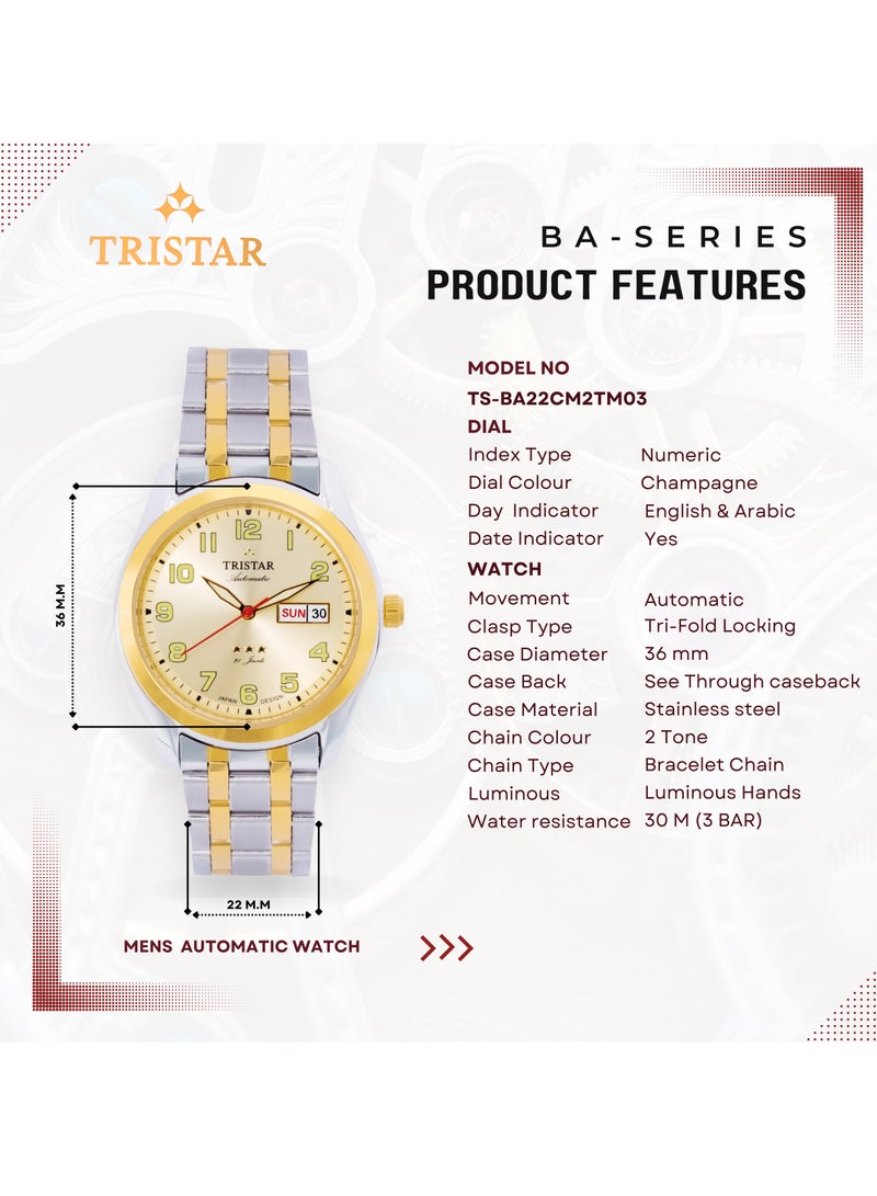 تريستار Tristar BA للرجال ساعة أوتوماتيكية أرقام الشمبانيا 2 نغمة سوار ساعة المعصم للرجال - Image 5