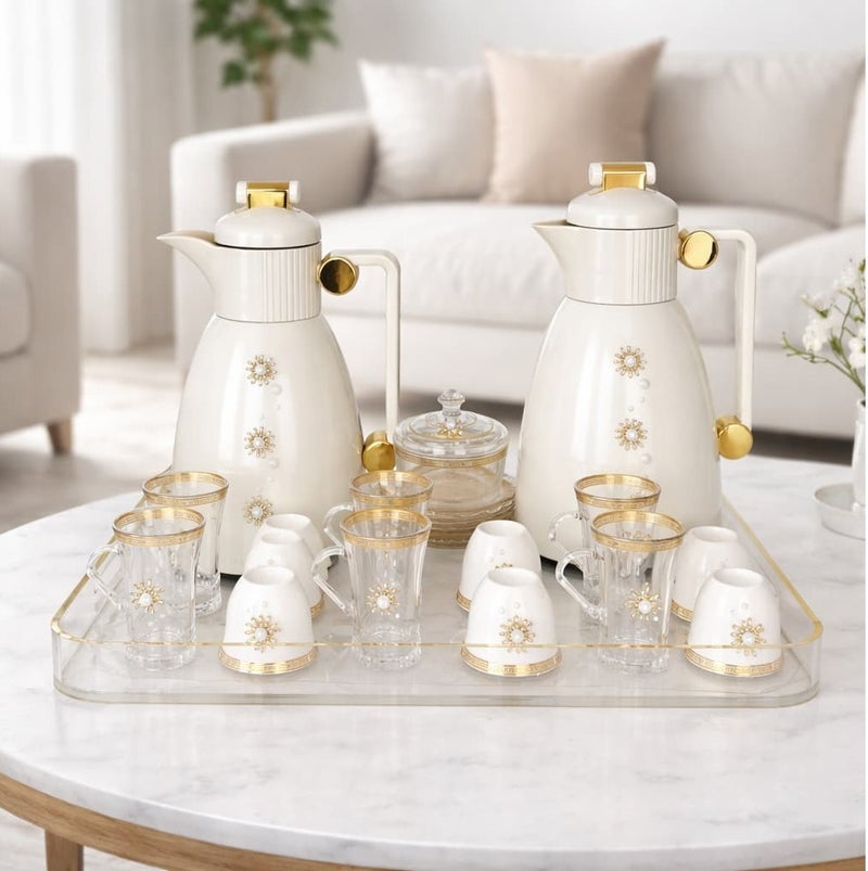 Damanhoor 22Pieces New Full Set Thermose 2Thermos 6Teacup With 6saucer 6Guava Cup 1Sugar Bowl 1Tray - Image 1