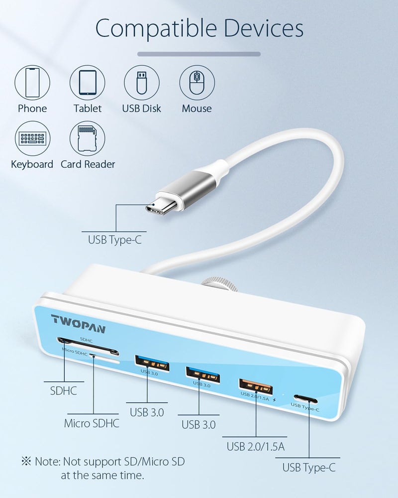 TWOPAN USB C Hub Multiport Adapter for iMac, 6 in 1 USB C to USB Adapter iMac 2024/2023/2021 iMac M4/M3/M1, USB Port Hub with USB 3.0 Ports, SD, MicroSD Card Readers & 7 Color Panels - Image 3