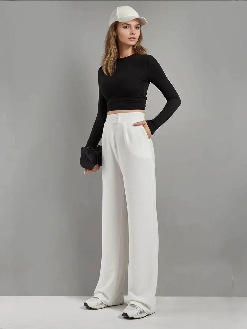 HICCUP White High Waist Elastic Crepe Palazzo Pants for Women | Best Price UAE