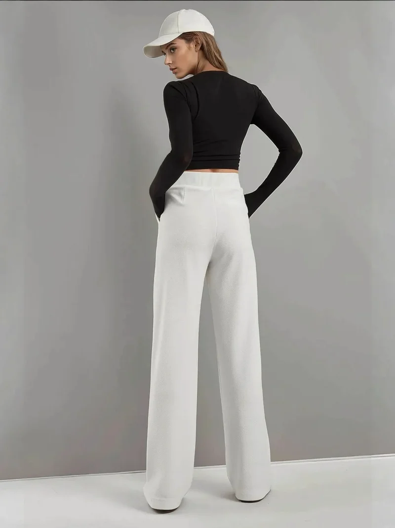 HICCUP White High Waist Elastic Crepe Palazzo Pants for Women | Best Price UAE