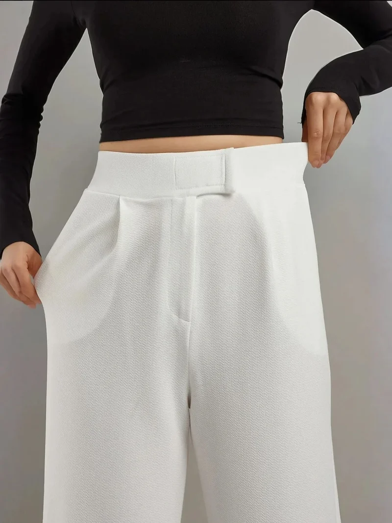 HICCUP White High Waist Elastic Crepe Palazzo Pants for Women | Best Price UAE