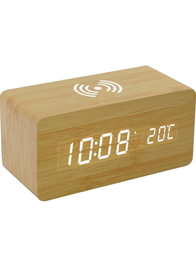 NIBEMINENT Wooden Digital Alarm Clock With Wireless Charger Brown 18 x 18cm