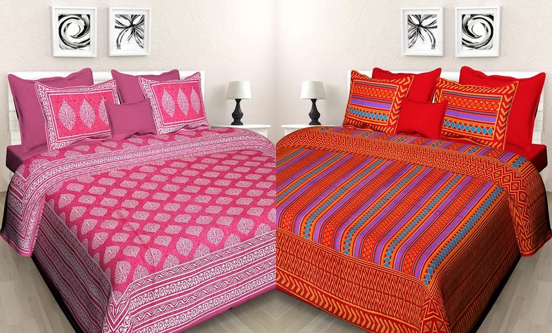 BedZone 100% Cotton Rajasthani Printed King Size bedsheets Combo Double Bed Set 2 Double Bedsheet with 4 Pillow Cover - JaipuriFloral45 - Image 1