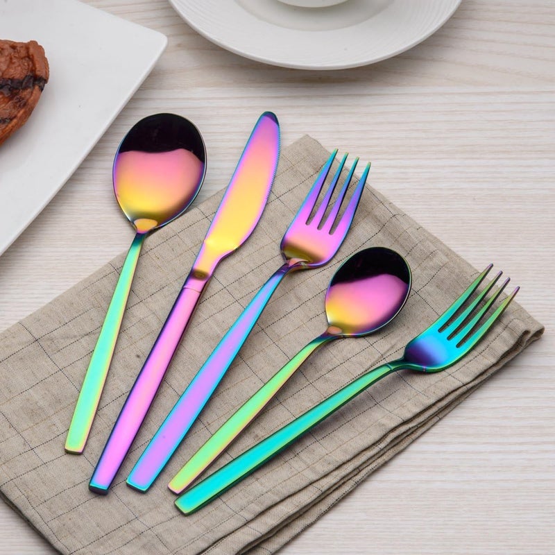 Berglander Berglander Rainbow Silverware Set 20 Pieces Service for 4 Colorful Titanium Plating Stainless Steel Flatware Sets First Apartment Must Have Cutlery Utensils Set Dishwasher Safe  - Image 2
