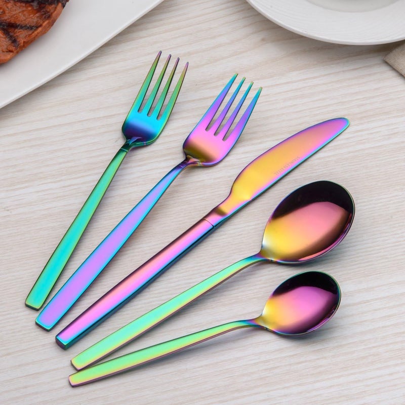 Berglander Berglander Rainbow Silverware Set 20 Pieces Service for 4 Colorful Titanium Plating Stainless Steel Flatware Sets First Apartment Must Have Cutlery Utensils Set Dishwasher Safe  - Image 3