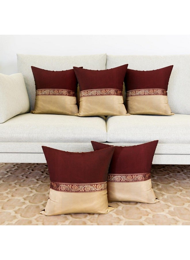 Kuber Industries Kuber Industries Cushion Cover | Pillow Covers for Sofa | Throw Cushion Cover | Dupion Polyester Cushion Covers | Center Lace Cushion Covers | Set of 5 | 12 Inch | Maroon - Image 1