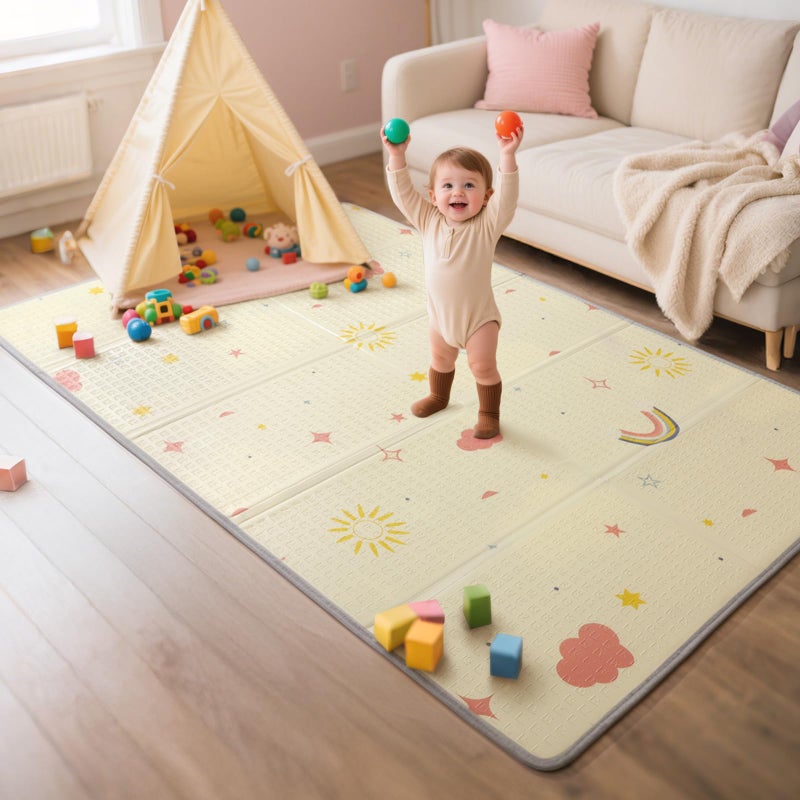 Mallify Extra Large Foldable Play Mat, Reversible Baby Play Mat with Edge Reinforcement, Non-Toxic & Waterproof Baby Mat for Floor, Foam Playmat for Infants Toddlers, Rainbow, Cloud & Moon, 47''x71'' - Image 1