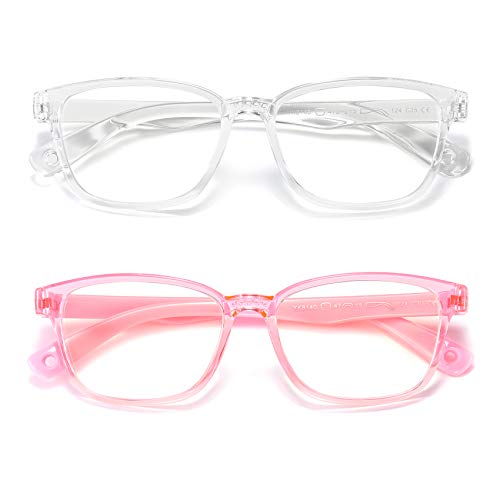 AHXLL Kids Blue Light Blocking Glasses 2 Pack, Anti Eyestrain & UV Protection, Computer Gaming TV Phone Glasses for Boys Girls Age 3-9 (Clear+Transparent Pink) - Image 1