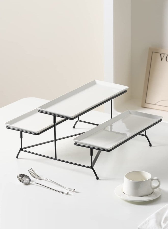 Kanwone 2 Tier Serving Stand With White Porcelain Platters, 14.5" x 6" Tiered Tray for Entertaining Party, Dessert Stand With Black Metal Base - Image 4