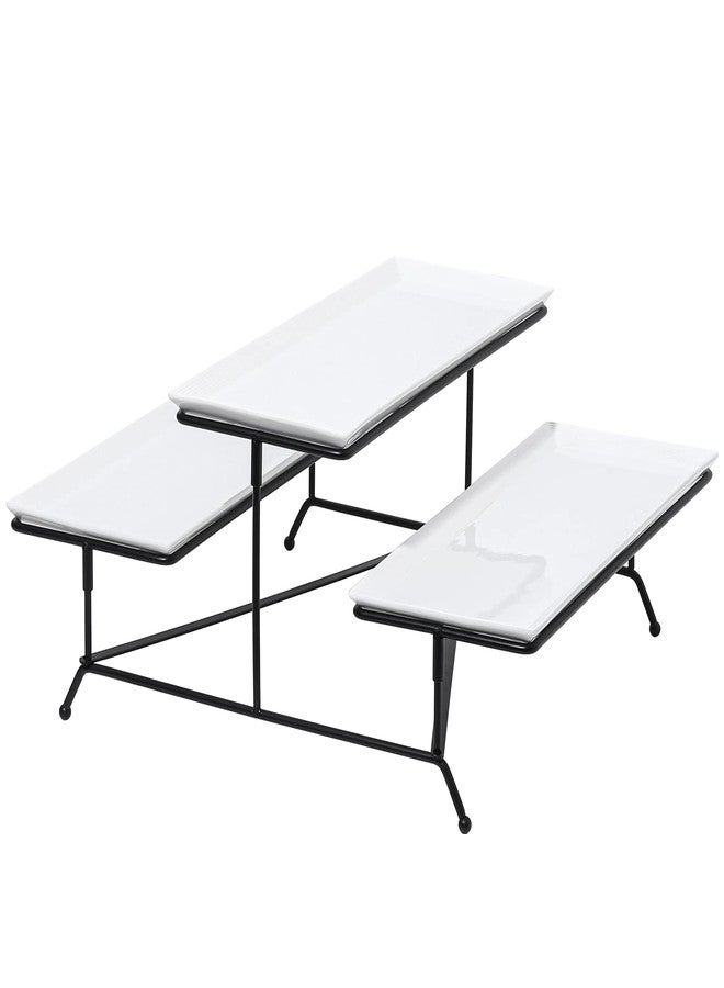 Kanwone 2 Tier Serving Stand With White Porcelain Platters, 14.5" x 6" Tiered Tray for Entertaining Party, Dessert Stand With Black Metal Base - Image 1