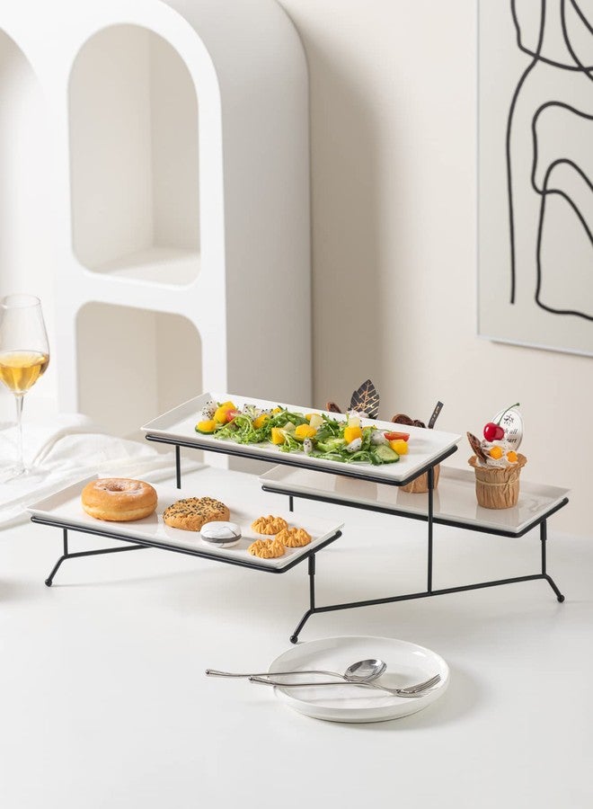 Kanwone 2 Tier Serving Stand With White Porcelain Platters, 14.5" x 6" Tiered Tray for Entertaining Party, Dessert Stand With Black Metal Base - Image 5