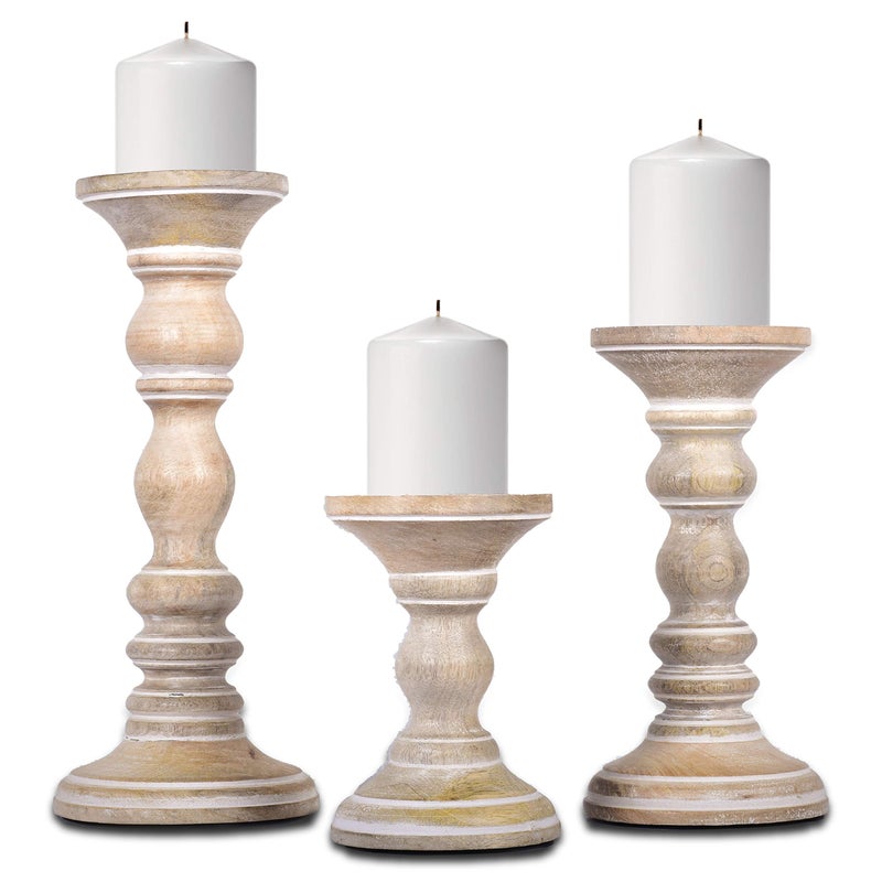 Mela Artisans Whitewash Wood Candle Holders for Pillar Candles Set of 3  Willow Decor Style for Mantles  White Mango Wood Farmhouse Candle Holders  Rustic Wooden Candleholder  Sized 6 9 and 12