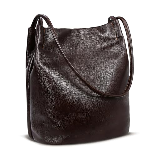 Iswee Bucket Bag for Women Genuine Leather Shoulder Bag Coffee Brown Large Hobo Purse for 2025 Fashion Designer Purse with Magnetic Snap Closure (Coffee-Lichee) - Image 1