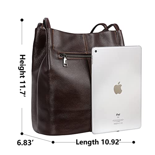 Iswee Bucket Bag for Women Genuine Leather Shoulder Bag Coffee Brown Large Hobo Purse for 2025 Fashion Designer Purse with Magnetic Snap Closure (Coffee-Lichee) - Image 3