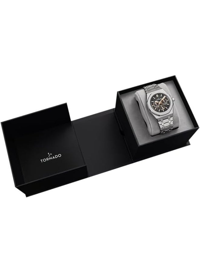 TORNADO Tornado Aurora Men's Miyota 6P29 Movement Watch, Multi Function Display and Stainless Steel Brushed Bracelet Strap - T23104-SBSBK, Silver  - Image 4
