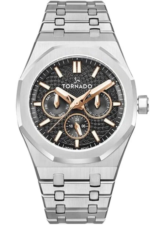 تورنيدو Tornado Aurora Men's Miyota 6P29 Movement Watch, Multi Function Display and Stainless Steel Brushed Bracelet Strap - T23104-SBSBK, Silver