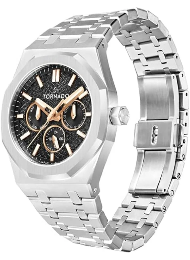 تورنيدو Tornado Aurora Men's Miyota 6P29 Movement Watch, Multi Function Display and Stainless Steel Brushed Bracelet Strap - T23104-SBSBK, Silver
