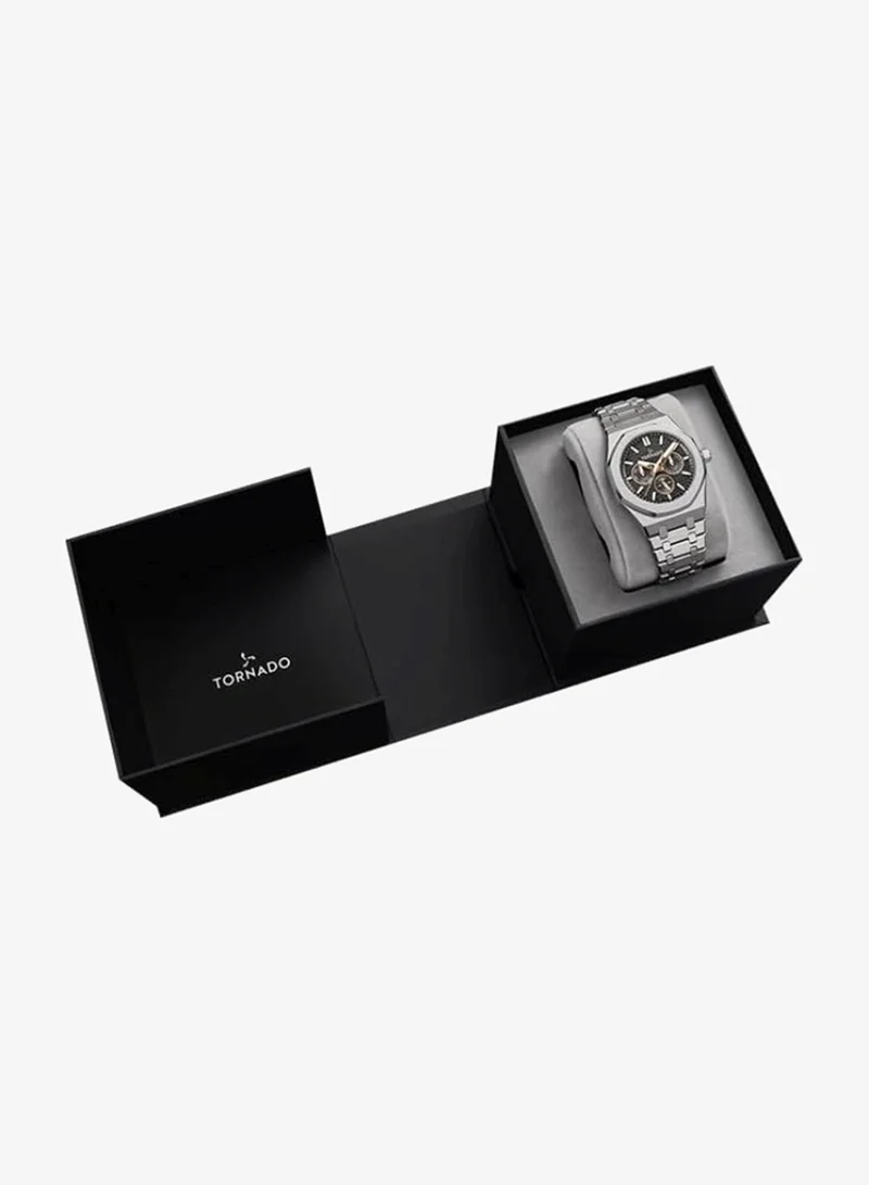 Tornado Black with Rose Gold Index and Hands Tornado Aurora Men's Miyota 6P29 Movement Watch, Multi Function Display and Stainless Steel Brushed Bracelet Strap - T23104-SBSBK, Silver for Men | Best Price UAE