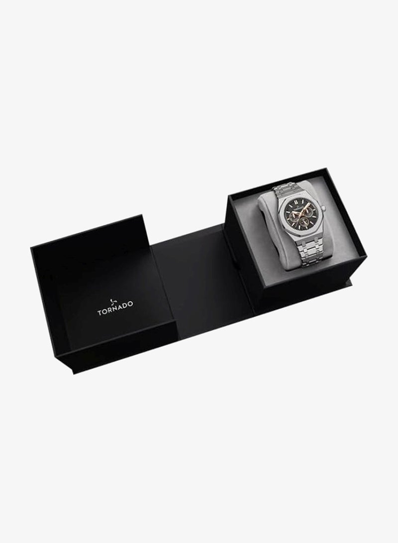 Tornado Aurora Men's Miyota 6P29 Movement Watch, Multi Function Display and Stainless Steel Brushed Bracelet Strap - T23104-SBSBK, Silver - Image 4