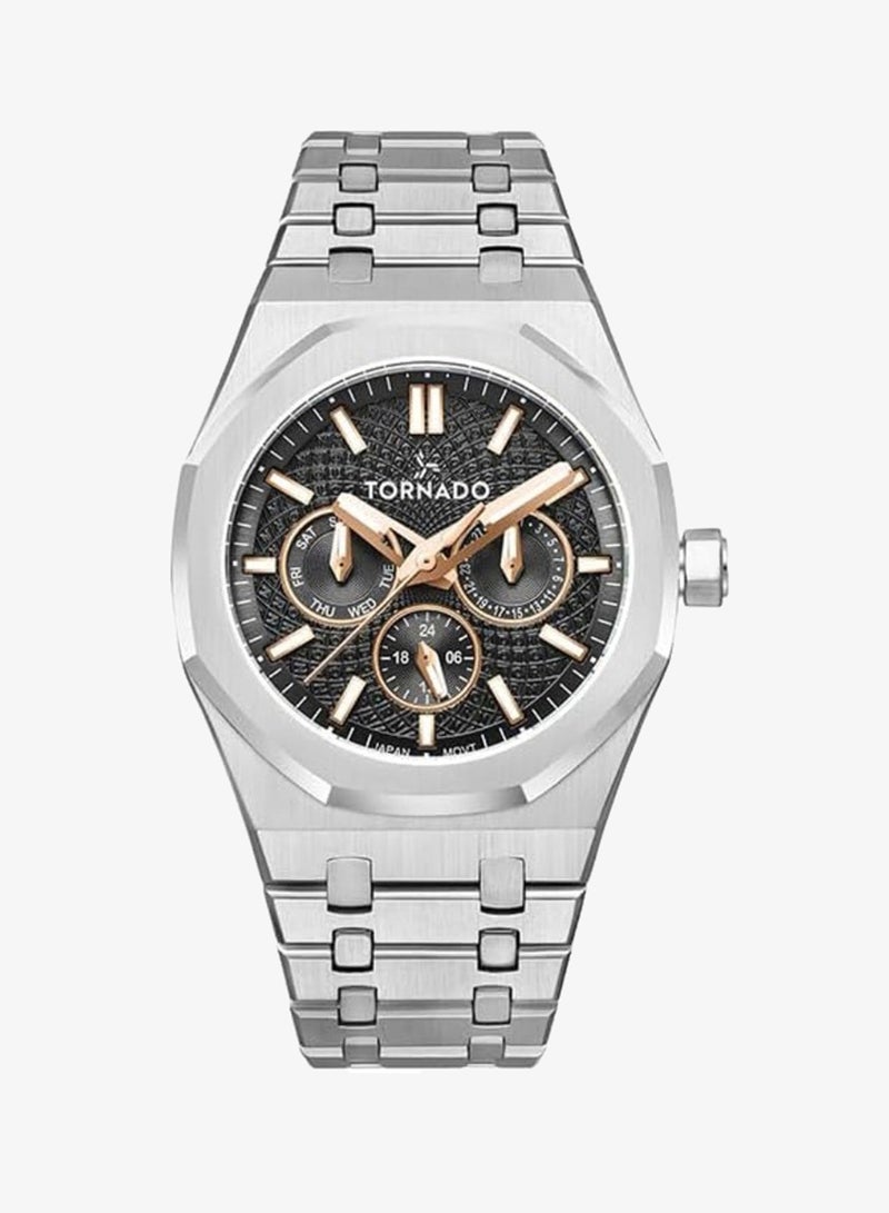 Tornado Aurora Men's Miyota 6P29 Movement Watch, Multi Function Display and Stainless Steel Brushed Bracelet Strap - T23104-SBSBK, Silver - Image 1