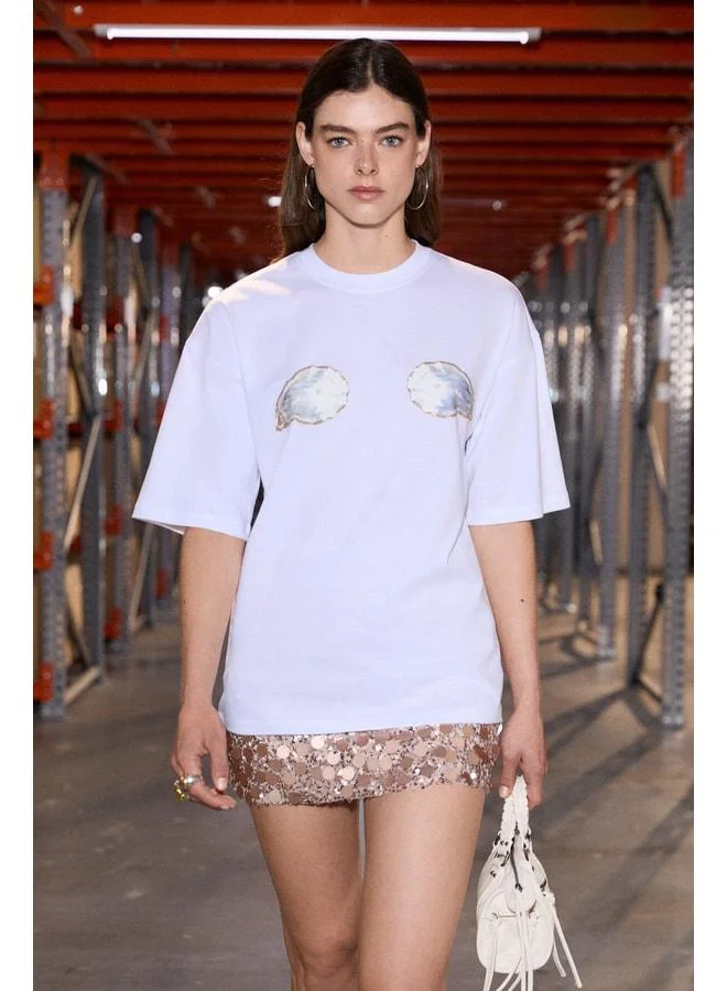 GRIMELANGE OISTO Women's Soft Fabric %100 Organic Cotton Printed and Stone-Detail White T-Shirt.