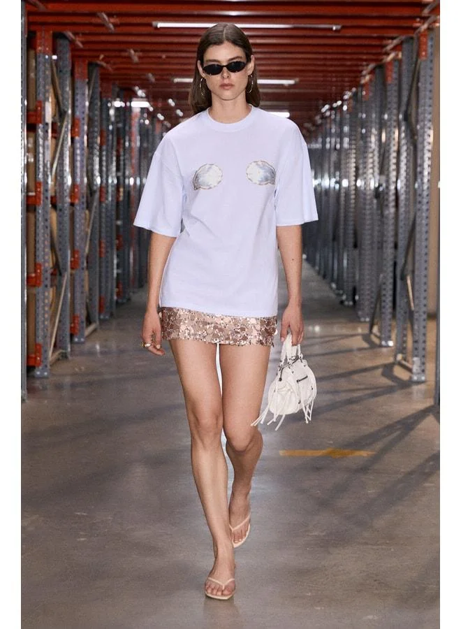 GRIMELANGE OISTO Women's Soft Fabric %100 Organic Cotton Printed and Stone-Detail White T-Shirt.