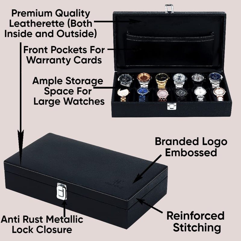 Hard Craft Watch Box Organizer Holder Jewelry Accessories Display Storage Case Watch Organiser Collection Box 12 Slots In PU Leather For Men Women (Black) - Image 4