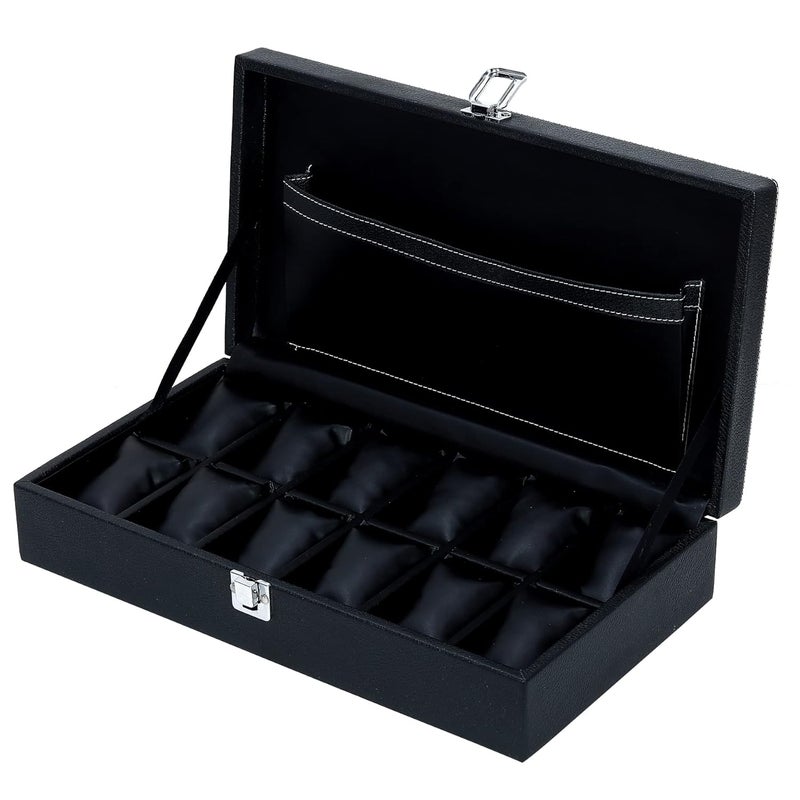 Hard Craft Watch Box Organizer Holder Jewelry Accessories Display Storage Case Watch Organiser Collection Box 12 Slots In PU Leather For Men Women (Black) - Image 1