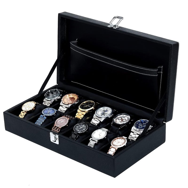 Hard Craft Watch Box Organizer Holder Jewelry Accessories Display Storage Case Watch Organiser Collection Box 12 Slots In PU Leather For Men Women (Black) - Image 2