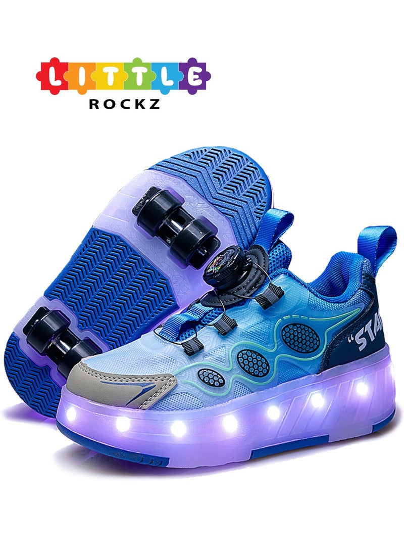 LITTLE ROCKZ Kids Four Wheel Roller Shoes Rechargeable LED Flash Light Sneaker Skate Heelys Shoes Blue  - Image 1