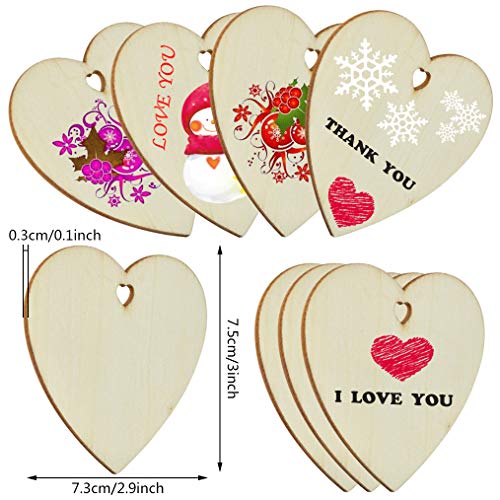 obmwang 50 Pieces 3 Inch Natural Heart Wood Slices, DIY Wooden Ornaments Unfinished Predrilled Heart Embellishments with Twine for Wedding, Thanksgiving, Christmas - Image 2