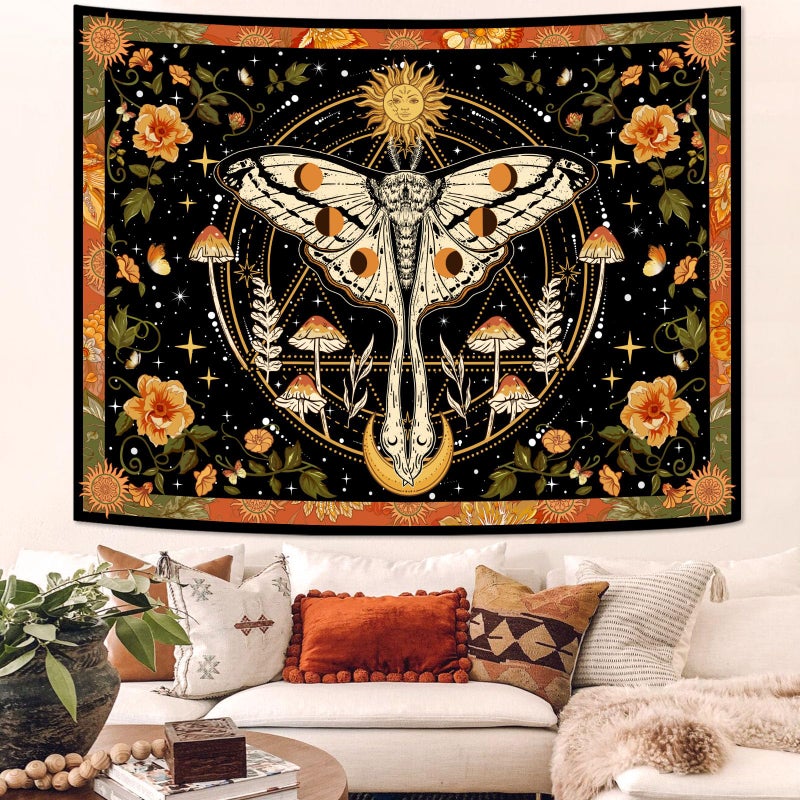 Aipon Orange Moth Tapestry Boho Retro Floral Flowers Tapestries Aesthetic Vintage Mushroom Tapestries for Bedroom Indie Sun Moon Tapestry Wall Hanging for Living Room Dorm (40'' Ã— 30'') - Image 2