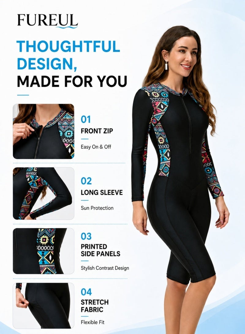 FUREUL Women's One Piece Rash Guard Swimsuit, Long Sleeve Boyleg Sun UV Protection Swimwear for Ladies, Printed Modest Bathing Suits, Tummy Control Zip Front Wetsuit, Ladies Sport Swimsuit Surfing Swimwear for Swimming, Surfing, Diving, Wakeboarding, Snorkeling and Beach Vacations - Image 2
