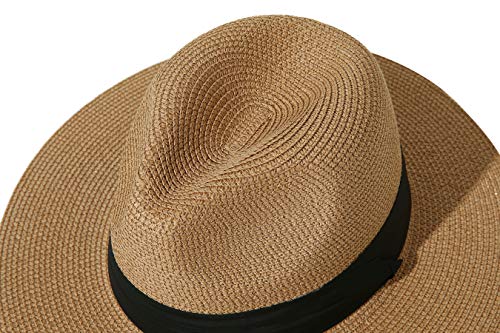 Lanzom Women Wide Brim Straw Panama Roll up Hat Fedora Beach Sun Hat UPF50+ (B-Brown) - Image 4