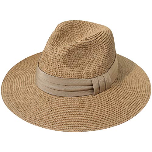 Lanzom Women Wide Brim Straw Panama Roll up Hat Fedora Beach Sun Hat UPF50+ (B-Brown) - Image 1