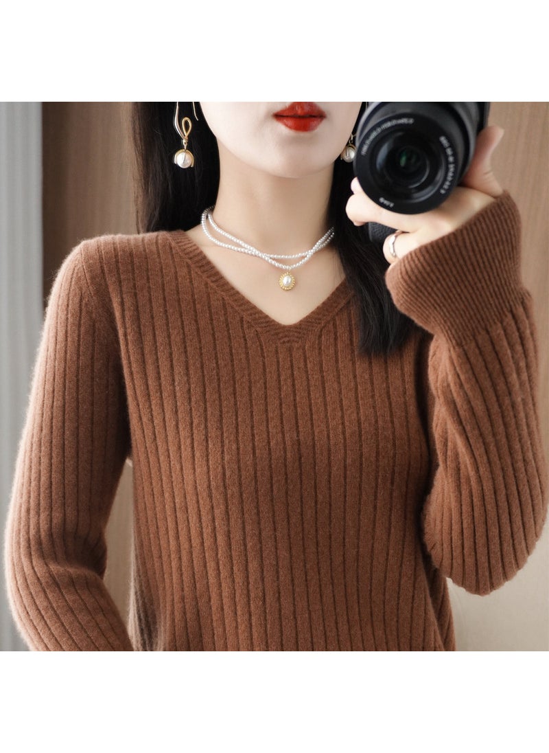 Generic Spring 2025 Womens Wool-Blend Sweater V-Neck Solid Color Ribbed Pullover Base Knitted Top Smooths Your Silhouette Brown black tea 