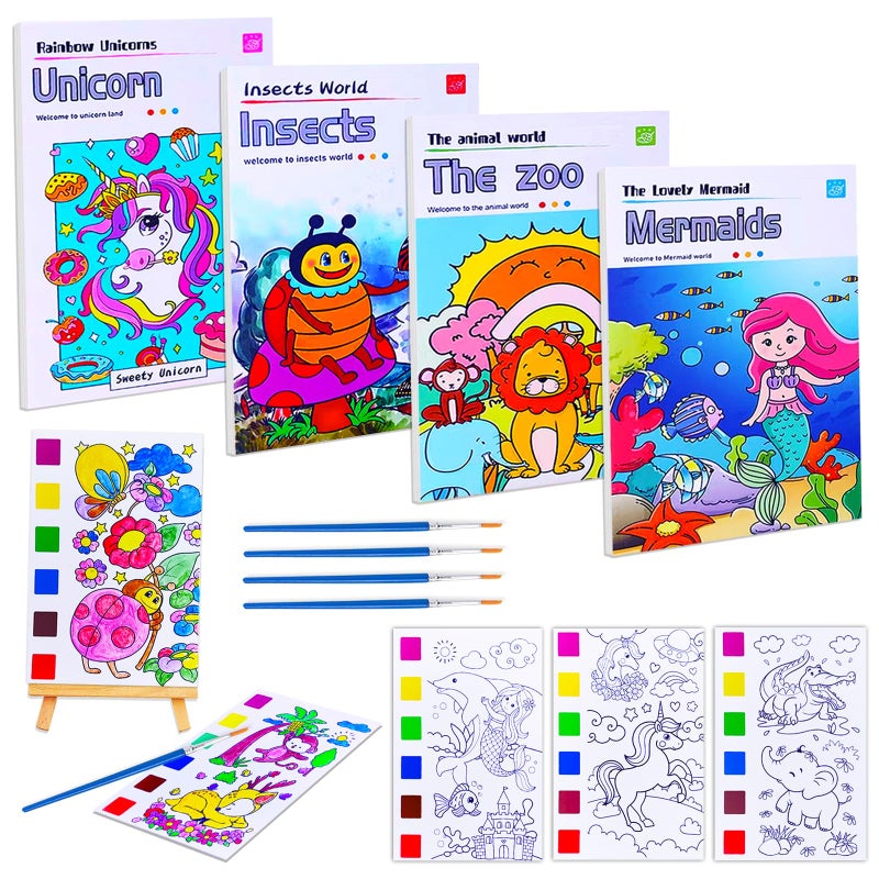 JUNQIU US JUNQIU Paint with Water Books for Kids, Watercolor Painting Coloring Books for Toddlers, Magic Paint Set for Kids, Art Craft Kits for Girls Boys Drawing with Brush(4Pack) - Image 1