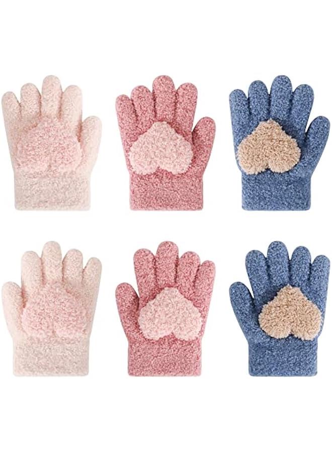 Generic Children's Warm Winter Gloves, 3 Pairs Knitted Gloves Magic Magic Full Finger Mittens Fleece Coral Ski Gloves for Children, Girls, Boys, 1 2 3 Years - Image 1