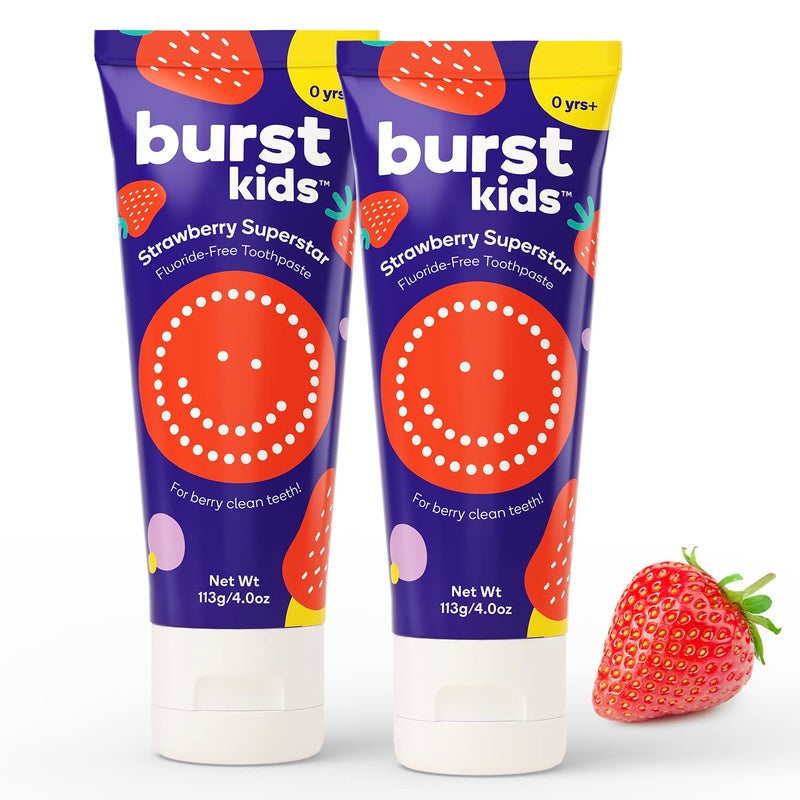 BURST Fluoride Free Strawberry Kids Toothpaste 4oz2 Pack Great Tasting Dye Free for Baby Toddler Age 0 with Nano Hydroxyapatite - Image 1