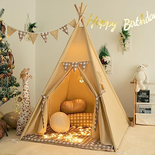 TreeBud Teepee Tent with Padded Mat Bunting Banner Fairy Lights Print Gingham Kids Play Tent with Carry Bay for Indoor and Outdoor Play House Toys for Toddler Boys and Girls - Image 1