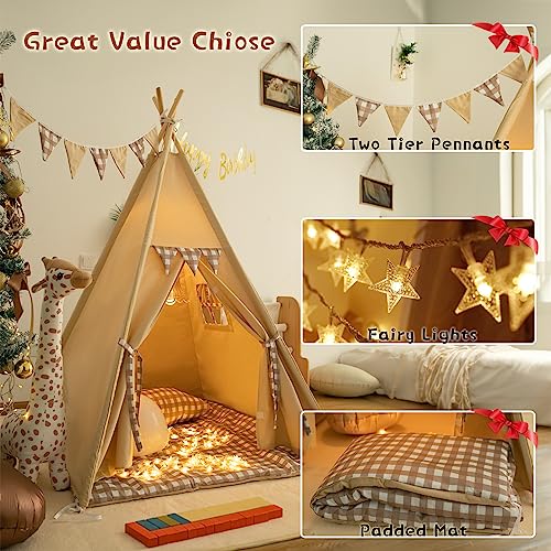 TreeBud Teepee Tent with Padded Mat Bunting Banner Fairy Lights Print Gingham Kids Play Tent with Carry Bay for Indoor and Outdoor Play House Toys for Toddler Boys and Girls - Image 5