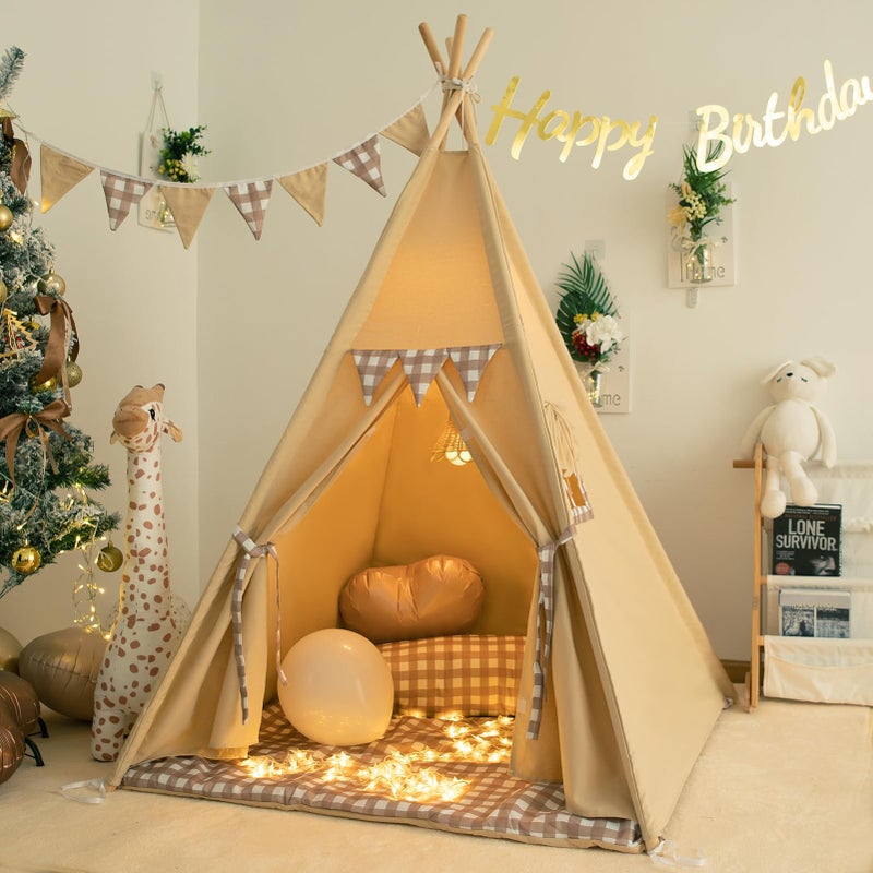 TreeBud Teepee Tent with Padded Mat Bunting Banner Fairy Lights Print Gingham Kids Play Tent with Carry Bay for Indoor and Outdoor Play House Toys for Toddler Boys and Girls - Image 2