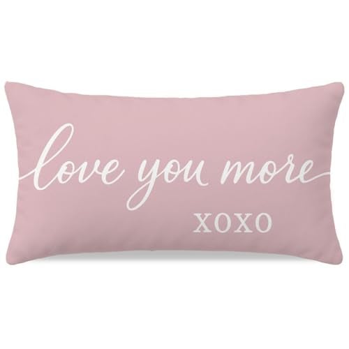 HERHOME Pink Valentines Day Pillow Cover 12x20 Inch, Love You More XOXO Romantic Lumbar Decorative Cushion Case for Couples Bedroom Sofa Couch, Valentine Day Gifts for Him Her Anniversary Home Decor - Image 1