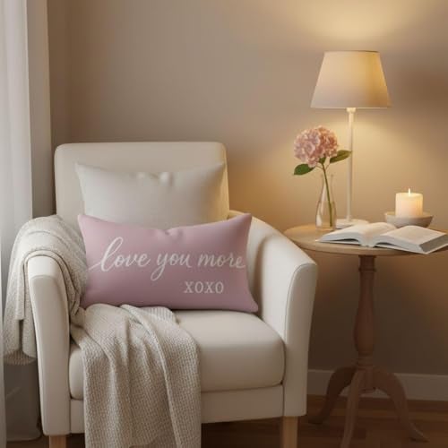 HERHOME Pink Valentines Day Pillow Cover 12x20 Inch, Love You More XOXO Romantic Lumbar Decorative Cushion Case for Couples Bedroom Sofa Couch, Valentine Day Gifts for Him Her Anniversary Home Decor - Image 3