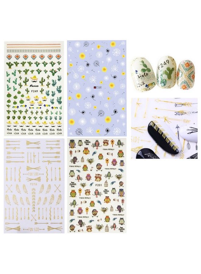 4 Sheets Nail Stickers Nail Art Set Owls & Cactus Nail Stickers