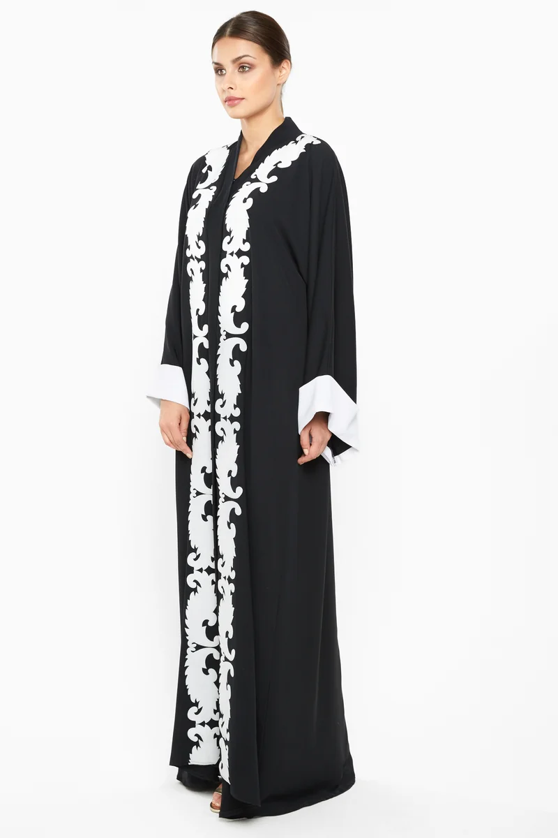 النخبة A casual abaya with white leafy print detailing by the closure and sleeves-AJ676A