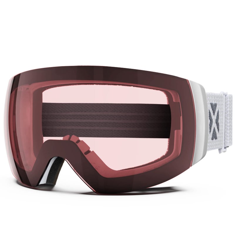 MAXJULI Ski Goggles Men WomenOTG Snow Goggles with Magnetic Interchangeable Antifog HD Lens UV Protection White FrameRose Lens